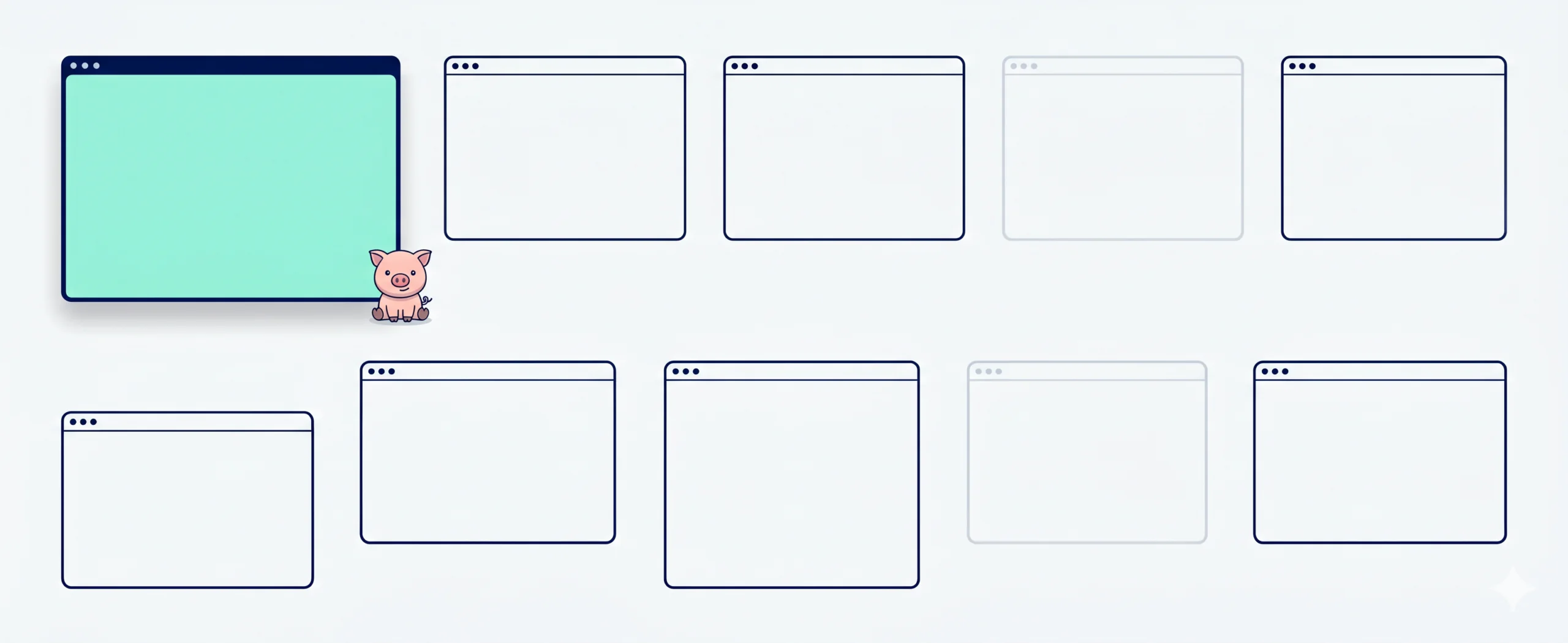 A minimalist brand composition showing ten browser-framed windows arranged in two rows on an off-white background. The first window, representing Seemore, is larger than the others, has a dark navy outline, and is filled with a solid mint green color. To its right, a small, simple pink pig mascot sits on the background. The nine competitor windows are smaller, outlined only in navy, and empty.