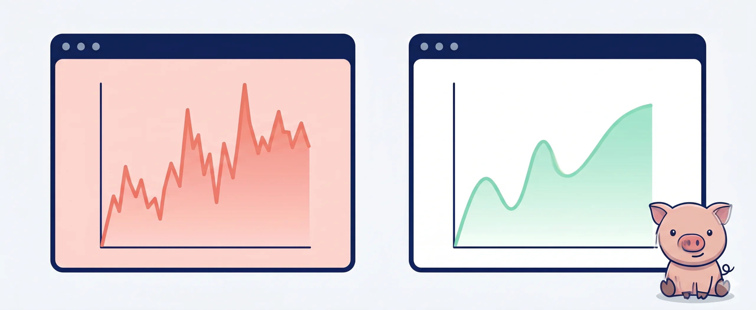 A clean, illustrative graphic with two side-by-side browser windows. The window on the left features a spiky coral line graph, and the window on the right shows a smooth mint green line graph. A cute, pink pig mascot is sitting on the floor to the right of the second window.