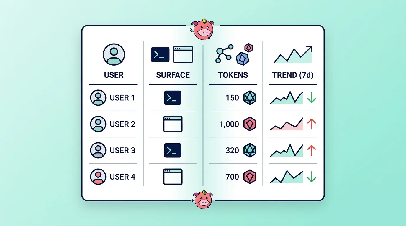 A clean, data-driven dashboard layout with a thin blue outline and rounded corners. The ledger columns show User icons, Surface icons (command line and browser windows), Token counts, and 7-day Trends using Sparkline graphs with green "down" and red "up" arrows. The Seemore pig acts as a decorative element at the top and bottom of the frame.