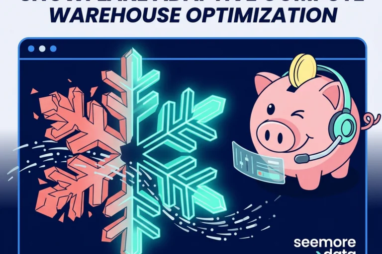 A 3D vector illustration featuring the seemore >data winking pink piggy bank mascot. The pig, wearing a headset and holding a gold coin, is shown reconfiguring a large crystalline snowflake to represent data optimization. The snowflake transitions from a fragmented, unoptimized state in Salmon Pink (#F87E7E) to a sleek, glowing, and efficient geometric state in Teal (#88F4DB).