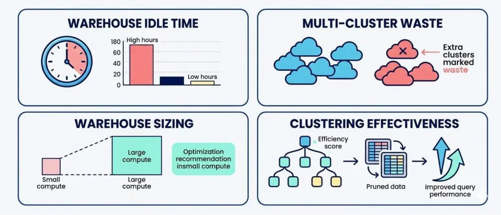 process graphic illustrating a workflow that moves from establishing a benchmark to detecting waste, followed by prioritizing fixes, and finally validating performance