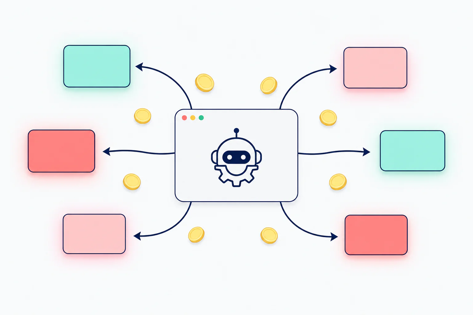 Flat illustration showing a single AI agent card triggering multiple parallel query cards in a fan-out pattern, representing the compute cost blast radius of agentic workloads on Snowflake