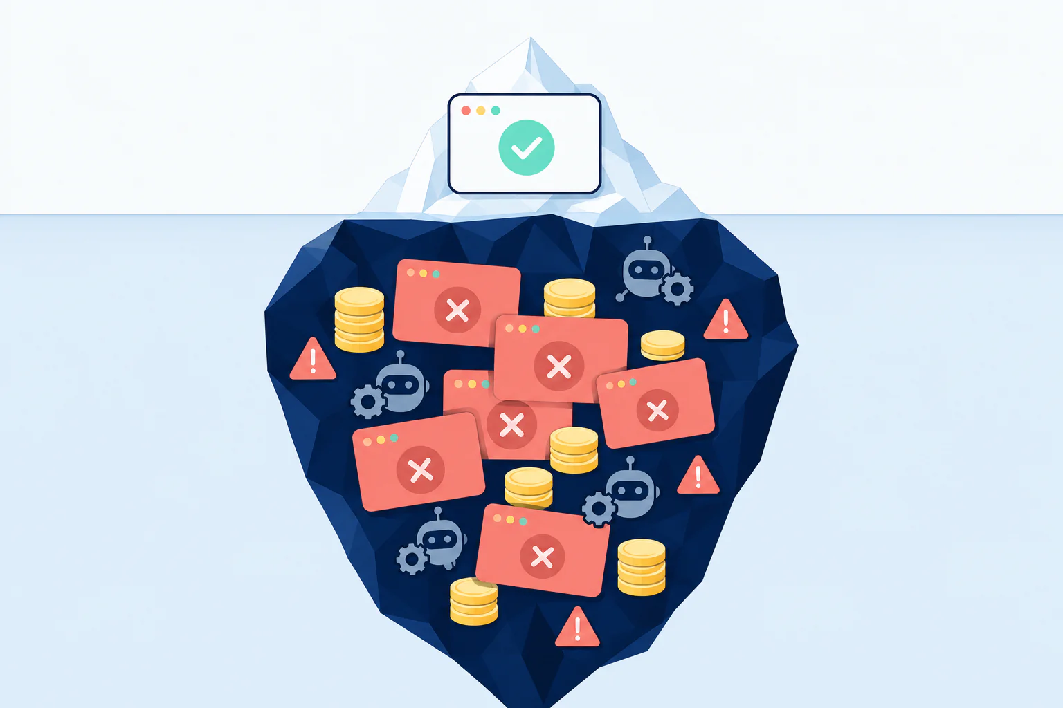 Iceberg illustration showing a small visible success indicator above the waterline and a large hidden mass of AI agent cost failures, warning signals, and runaway compute charges below — representing the monitoring blind spot in agentic data workloads