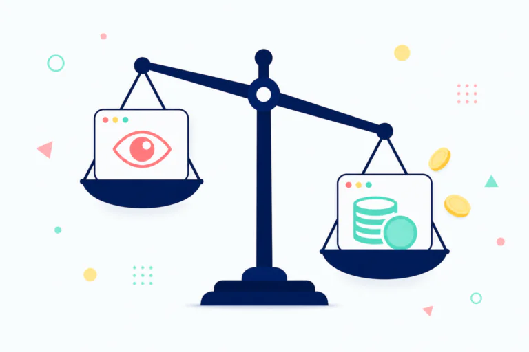 Balance scale illustration with a visibility eye card on one side and a cost/coin card on the other, representing the chargeback vs showback trade-off for data teams