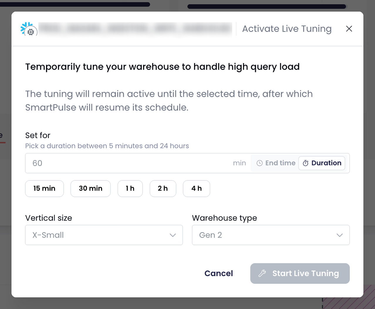 Activate Live Tuning dialog: choose a duration, warehouse size and warehouse type