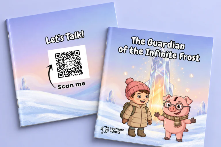 Cover of the Seemore coloring book The Guardian of the Infinite Frost, shown beside a card with a QR code