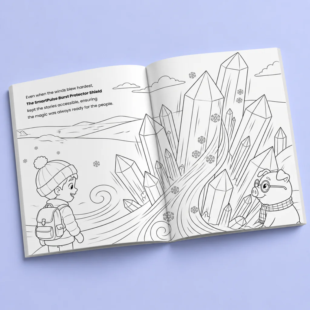 Open spread of the Seemore coloring book showing a character and crystal illustrations to colour in