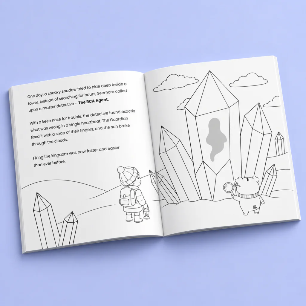 Open spread of the Seemore coloring book telling the story of The RCA Agent