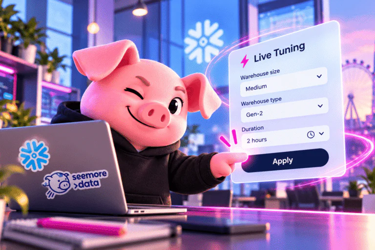 Seemore Data mascot setting up a Live Tuning session: warehouse size Medium, type Gen-2, duration 2 hours